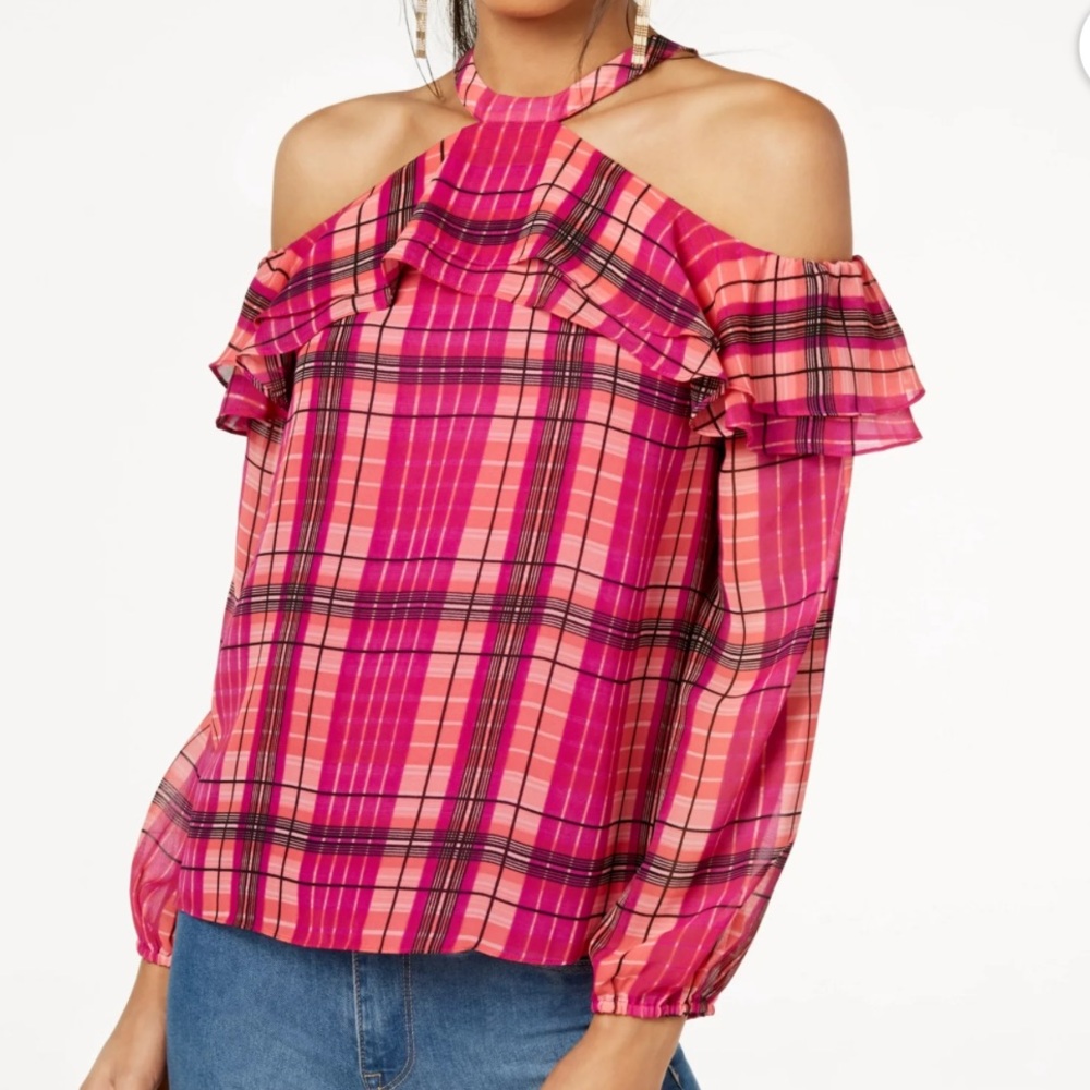 INC International Concepts Womens Ruffled Plaid Cold-Shoulder Top NWOT